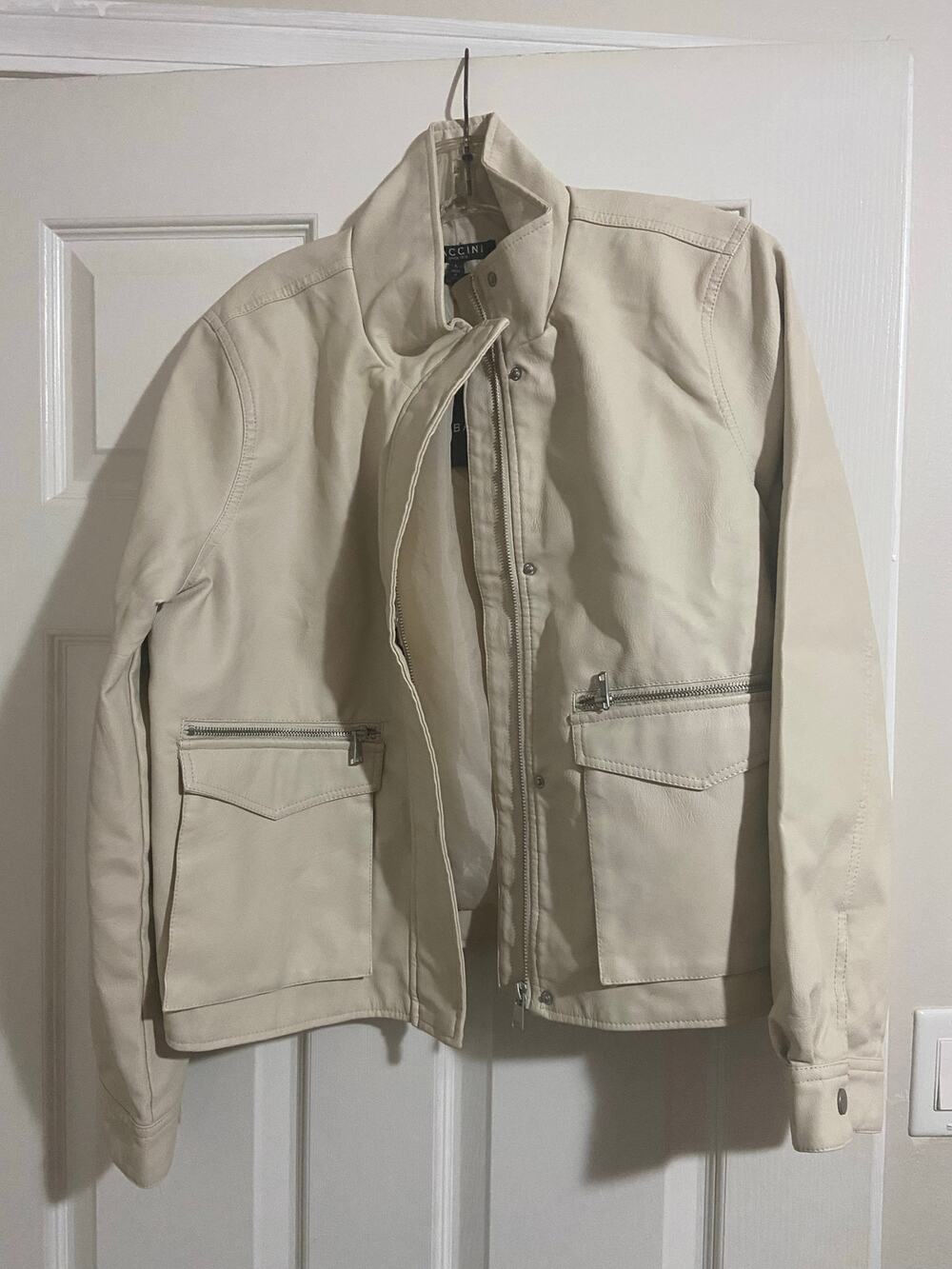Baccini Cream Faux Leather Jacket with Zip and Flap Pockets, Sz L -- NWT